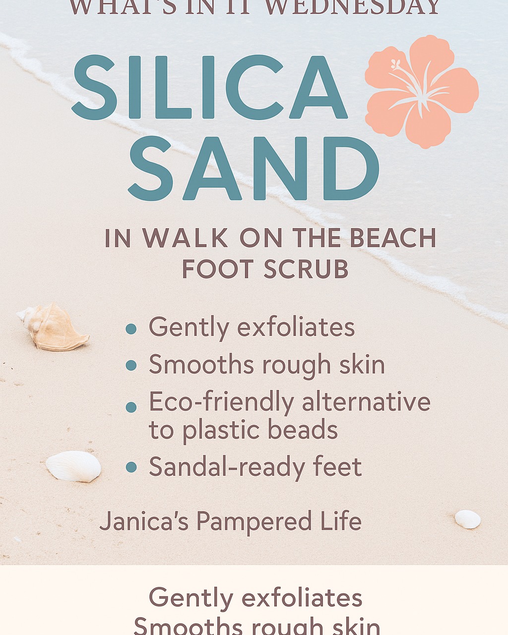🧐 What’s In It Wednesday — Silica Sand Spotlight!

Let’s talk about the not-so-secret ingredient that gives your feet that aaaahhh feeling: silica sand 🌊✨

This mighty little mineral is the magic behind the scrub in our Walk On the Beach Foot Scrub. Think of it like Mother Nature’s exfoliating crystals—tiny, natural grains that gently polish away rough, dry skin to reveal smooth, happy feet underneath. No harshness. No drama. Just soft, fresh, beach-ready soles. 👣☀️

Why we love it:
🪨 Naturally exfoliating
🌿 Eco-friendly (no plastic beads here!)
🦶 Perfect for tough spots like heels and calluses
🏝️ Feels like a barefoot stroll by the shore

It’s like a beach vacation... in your bathroom 💁‍♀️
Have you treated your toes lately? Drop a 🩴 if your feet could use a little Walk on the Beach magic this week!

#PetalPampering #WhatsInItWednesday #WalkOnTheBeach #SpringSoftSoles